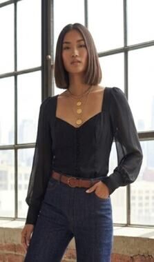 Abercrombie & Fitch Black Chiffon Smocked Back Button Top M Coquette Whimsigoth